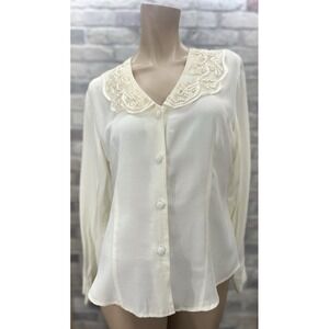Vtg Women's Career Embroidered Lace Collared Long‎ Sleeve Ivory Cream Blouse L